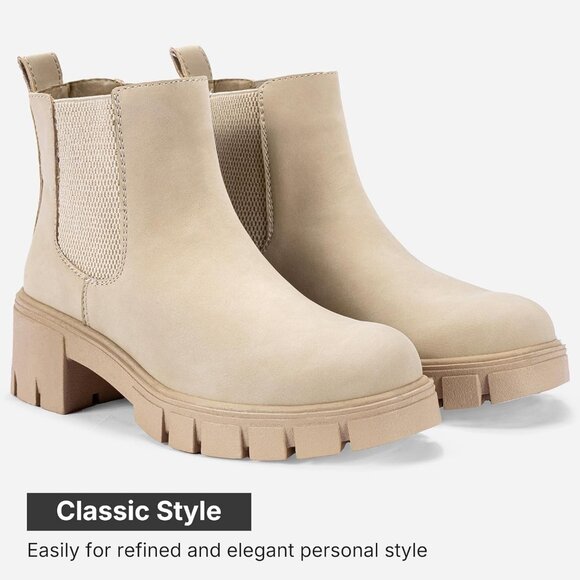 Vepose Women's Beige Faux Chelsea Leather Lug Sole Elastic Slip on Ankle Booties - Picture 5 of 9